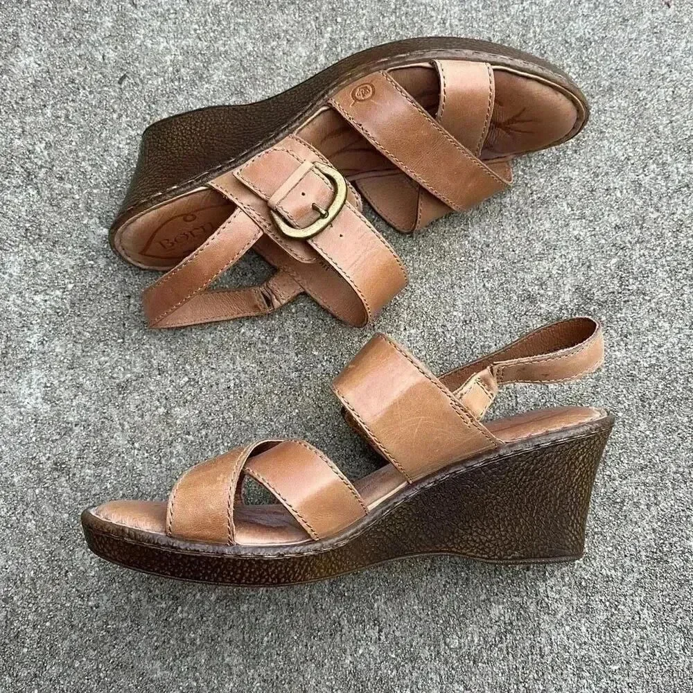 Born Leather Wedge Sandals Mirabella Tan Women’s Size 11
